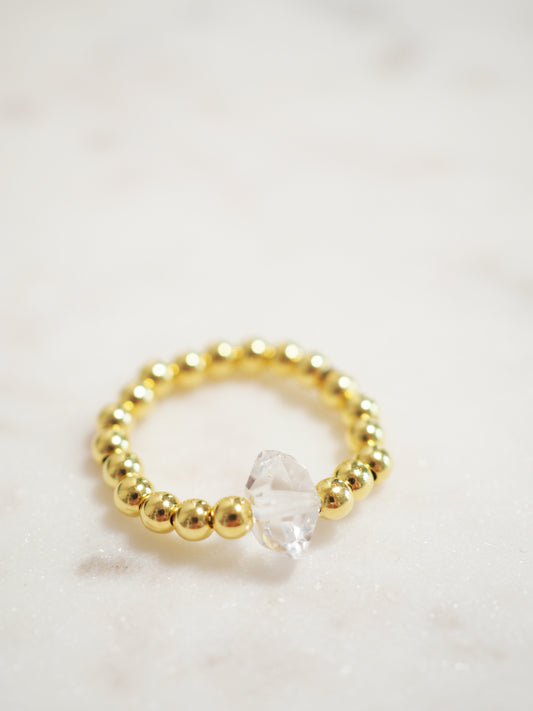 Bergkristall Doppelender Elastischer Kugel Ring . 925 Sterlingsilber vergoldet - Herkimer Art aus Pakistan