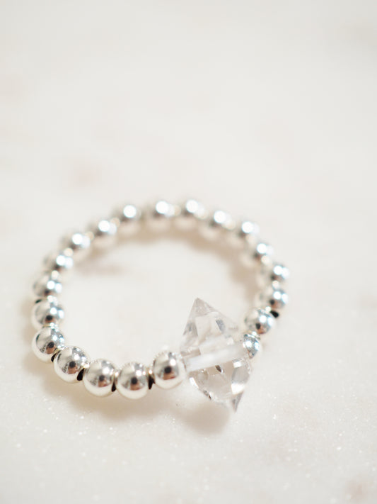 Bergkristall Doppelender Elastischer Kugel Ring . 925 Sterlingsilber - Herkimer Art aus Pakistan