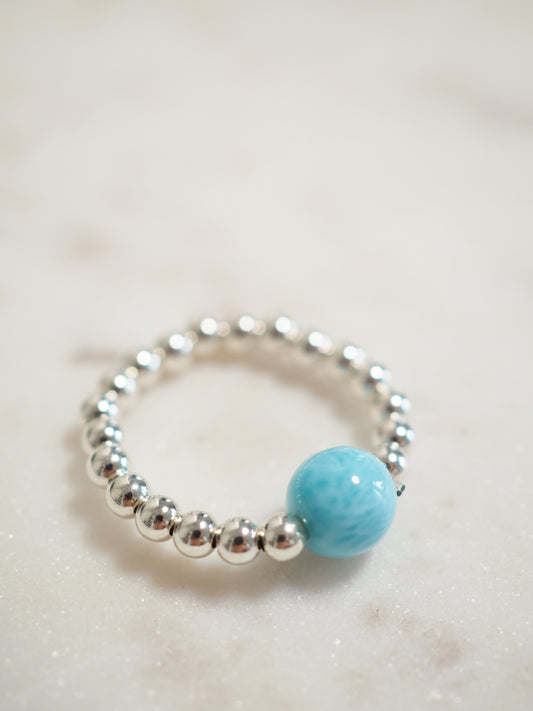 AAA Larimar Kugel Elastischer Kugel Ring . 925 Sterlingsilber - asu der Dominikanischen Republik RARE