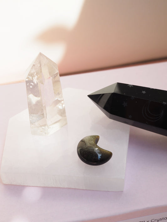 LIMITED MOON & STAR Crystal Box . Selenit . Bergkristall . Goldsheen Obsidian . Obsidian - GESCHENKSET