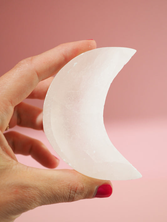 Selenit Mond Schale MINI / Selenite Moon Bowl ca. 8 cm aus Marokko -Handcarved