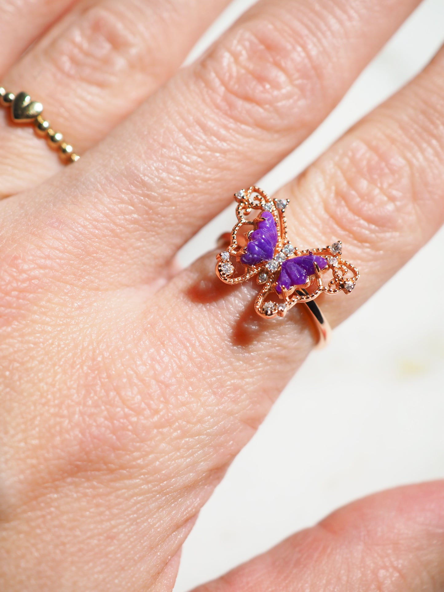 Sugilith Ring mit Zirkonia SCHMETTERLING - 925 Sterlingsilber Rosévergoldet Onesize fits all - HIGH QUALITY RARE