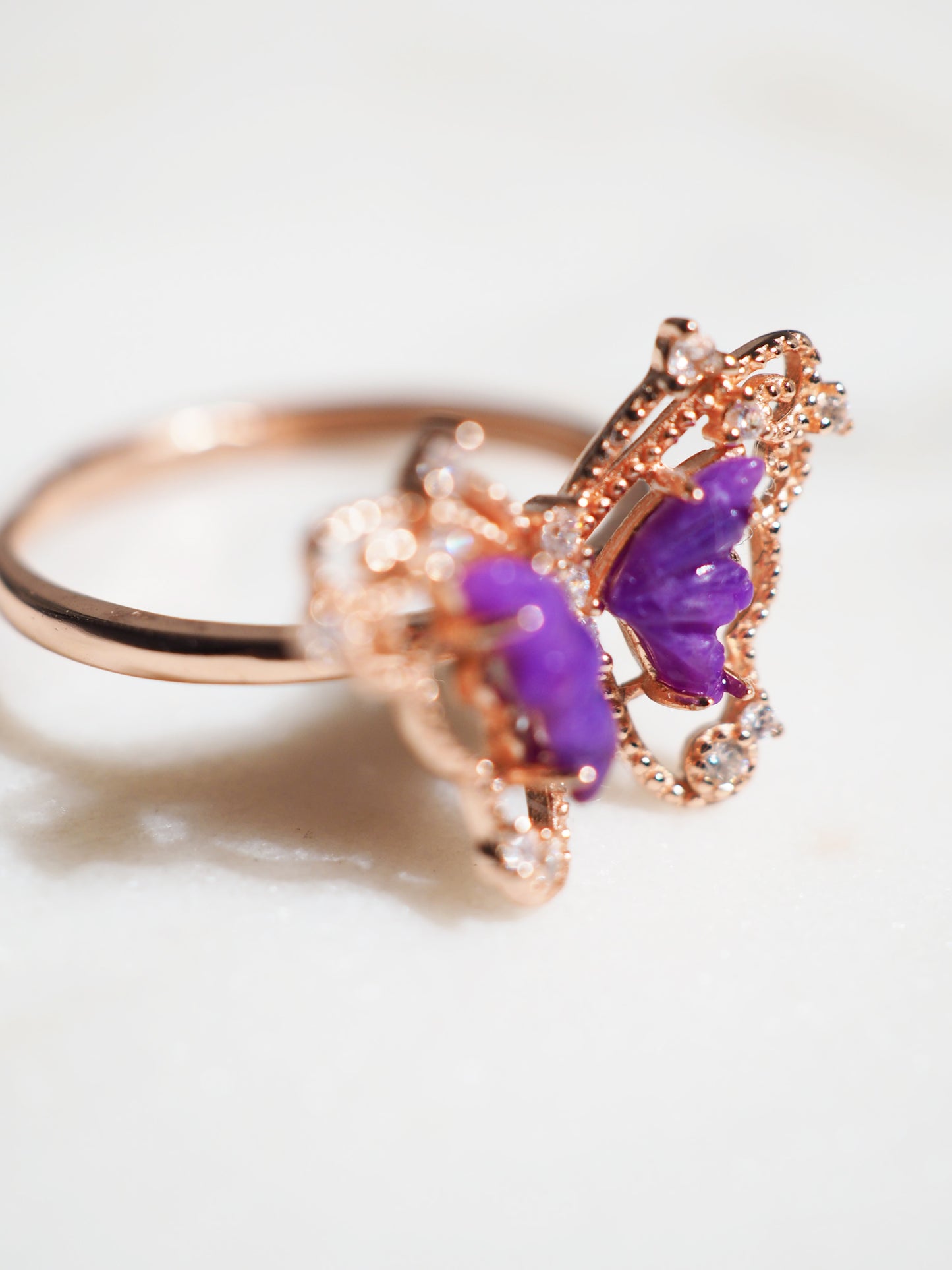 Sugilith Ring mit Zirkonia SCHMETTERLING - 925 Sterlingsilber Rosévergoldet Onesize fits all - HIGH QUALITY RARE