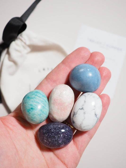 Kristall Set Trauer & Kummer . CRYSTAL KIT GRIEF . Angelite . Lepidolite . Pink Opal . Magnesit . Amazonit .