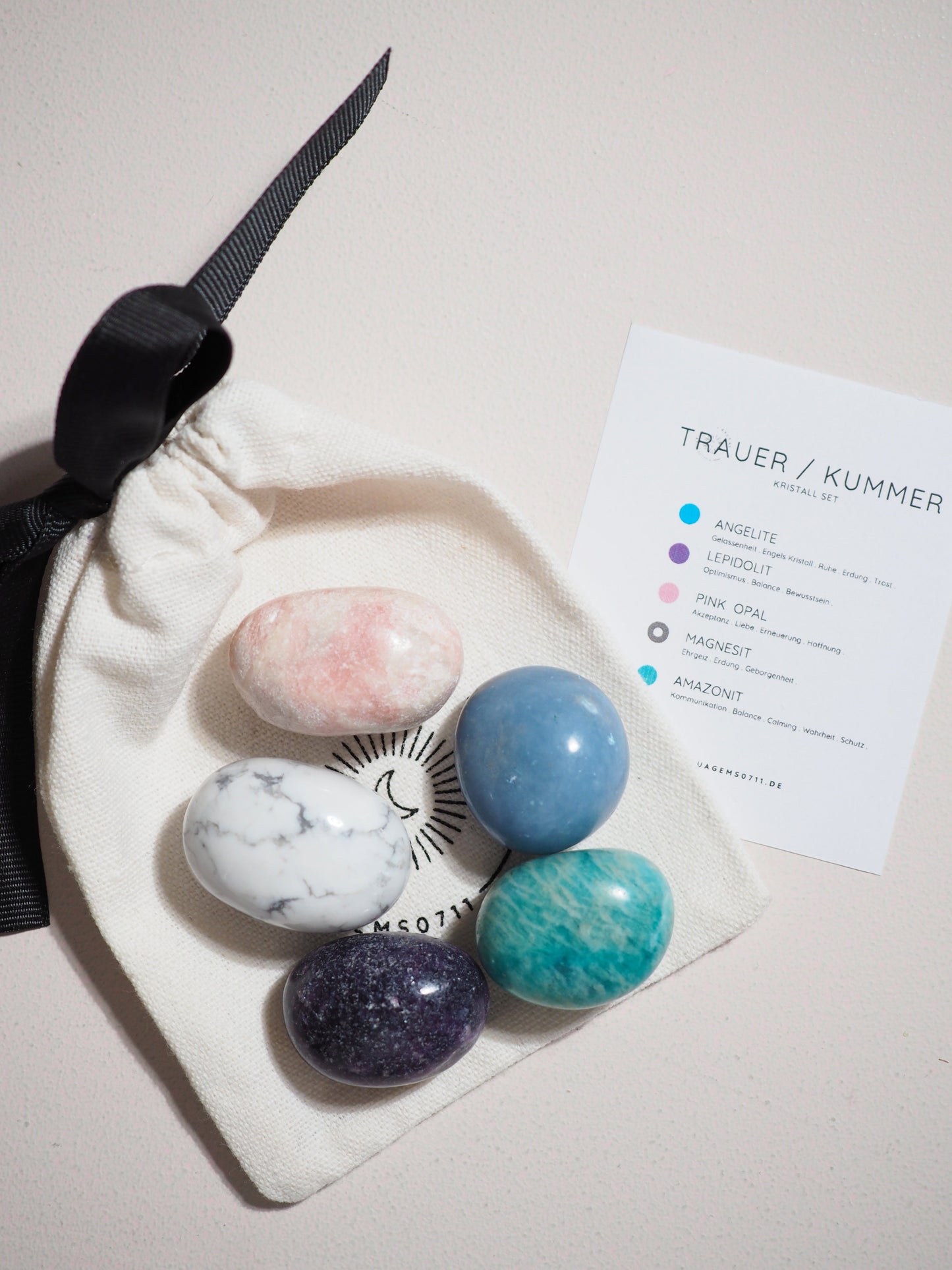Kristall Set Trauer & Kummer . CRYSTAL KIT GRIEF . Angelite . Lepidolite . Pink Opal . Magnesit . Amazonit .