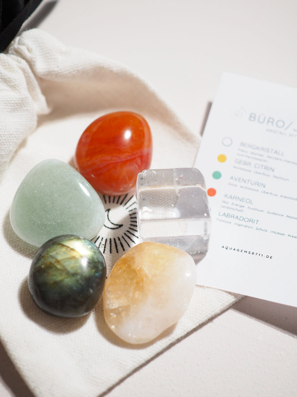 Kristall Set Job l Schreibtisch . CRYSTAL KIT OFFICE & JOB . Bergkristall . Gebr. Citrin . Aventurin . Karneol . Labradorit