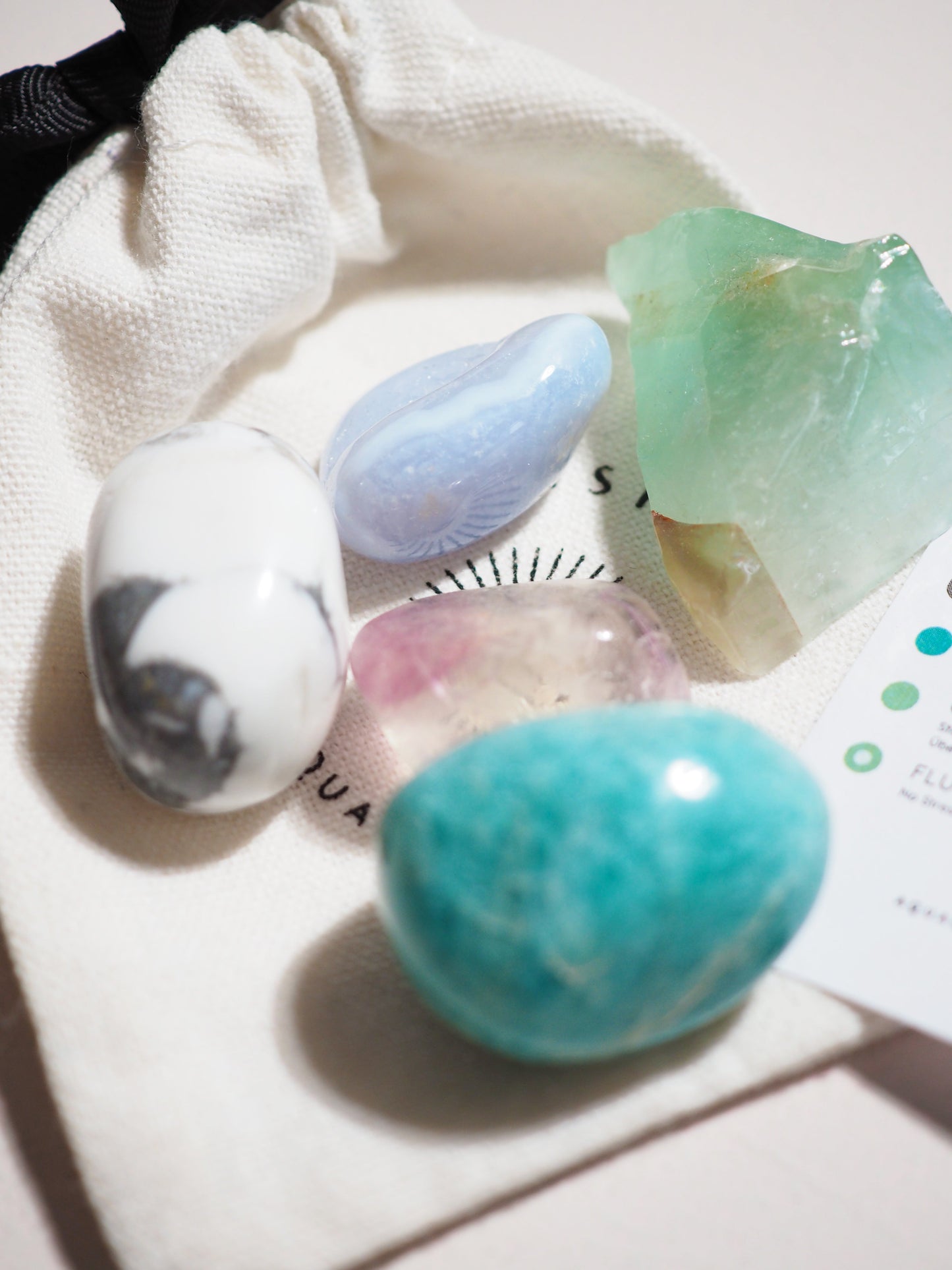 Kristall Set Stress . CRYSTAL KIT STRESS . Blauer Spitzenachat . Magnesit . Amazonit . Grüner Calcit . Fluorit