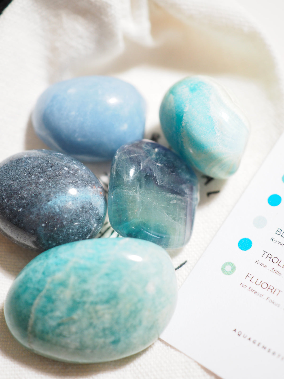 Kristall Set Kommunikation . CRYSTAL KIT COMMUNICATION . Amazonit . Angelite . Blauer Aragonit . Trollite . Fluorit.