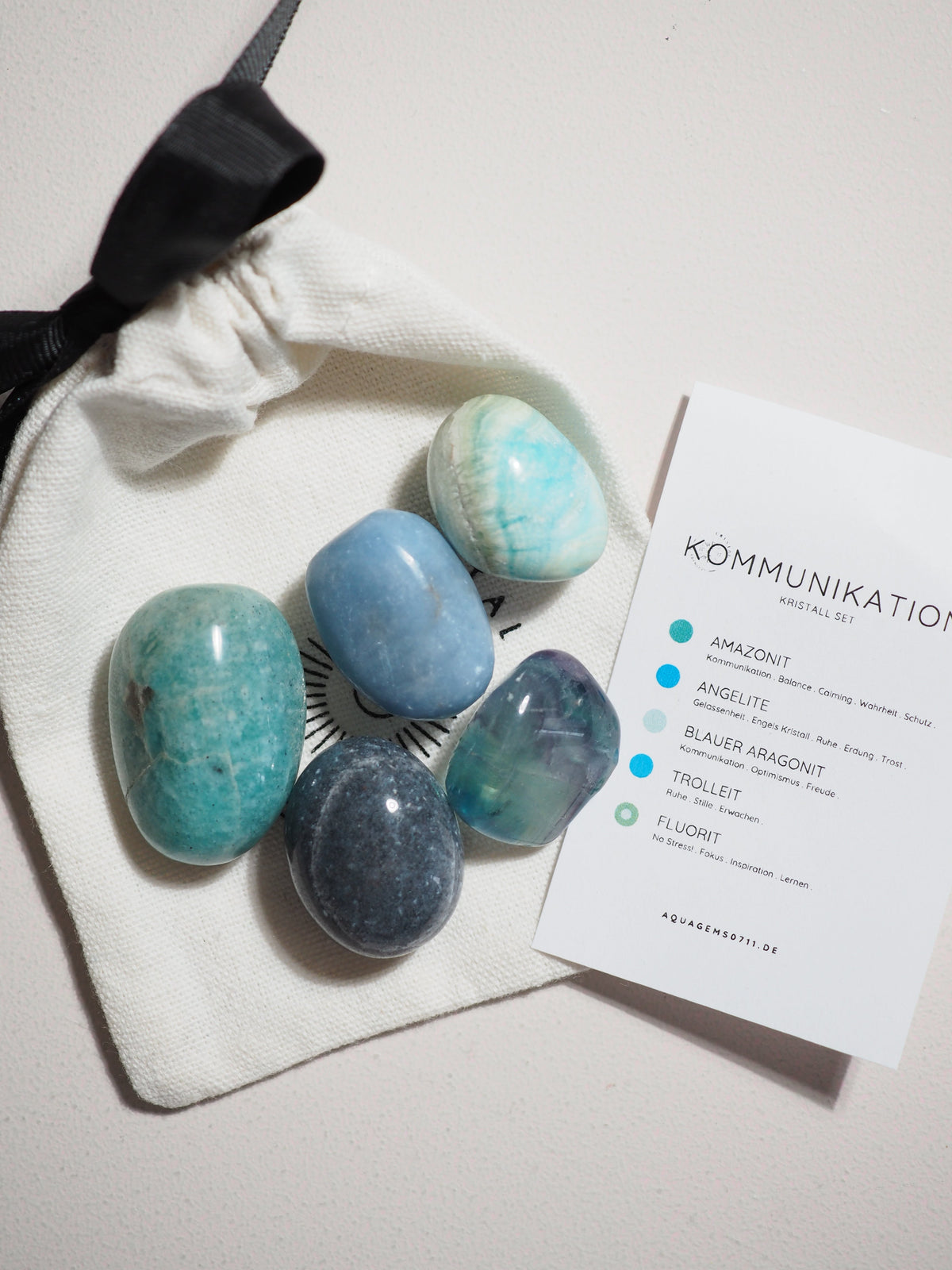 Kristall Set Kommunikation . CRYSTAL KIT COMMUNICATION . Amazonit . Angelite . Blauer Aragonit . Trollite . Fluorit.