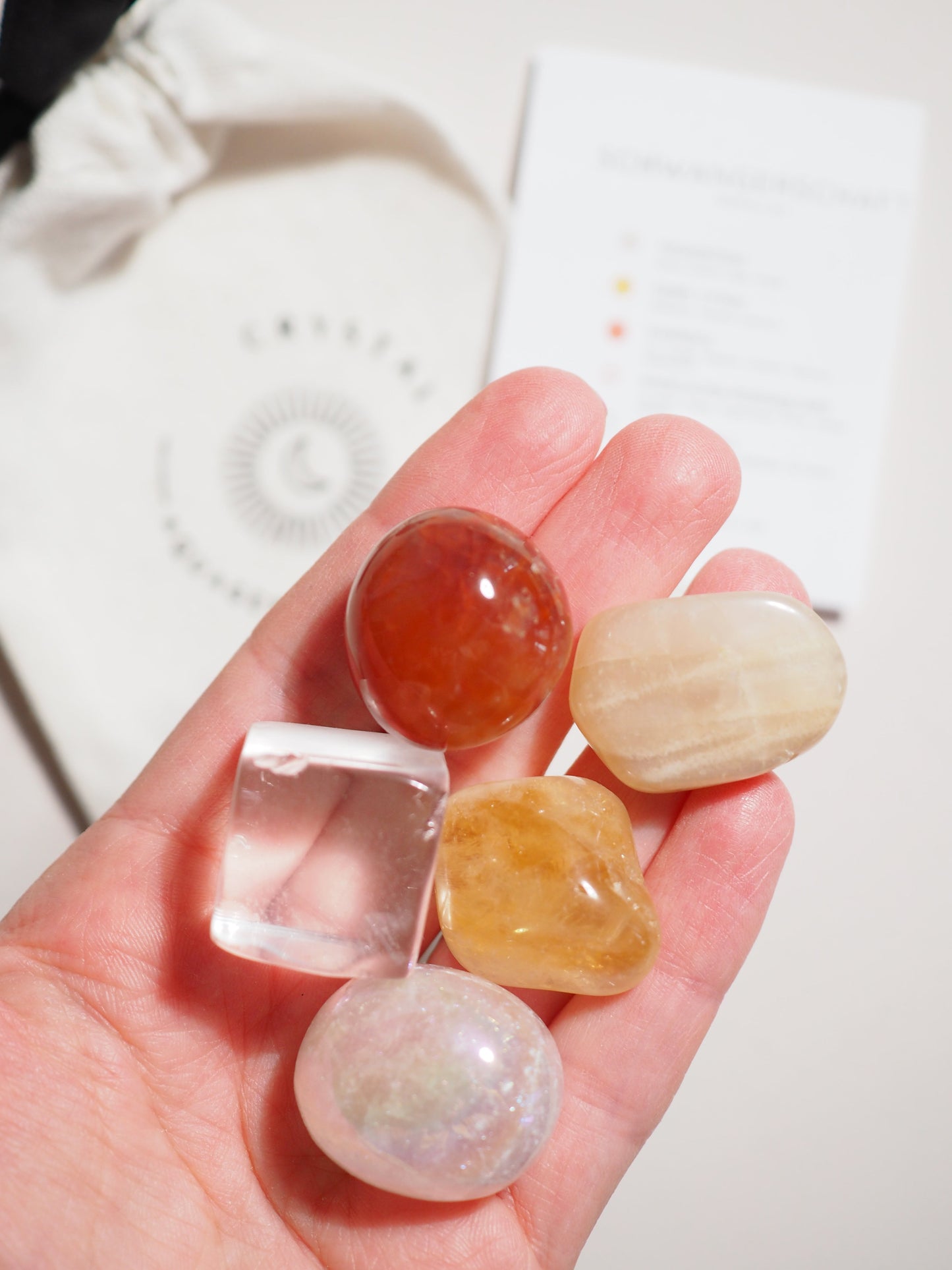 Kristall Set Schwangerschaft . CRYSTAL KIT PREGNANCY . Mondstein . Gebr. Citrin . Karneol . AngelAura Rosenquarz . Bergkristall