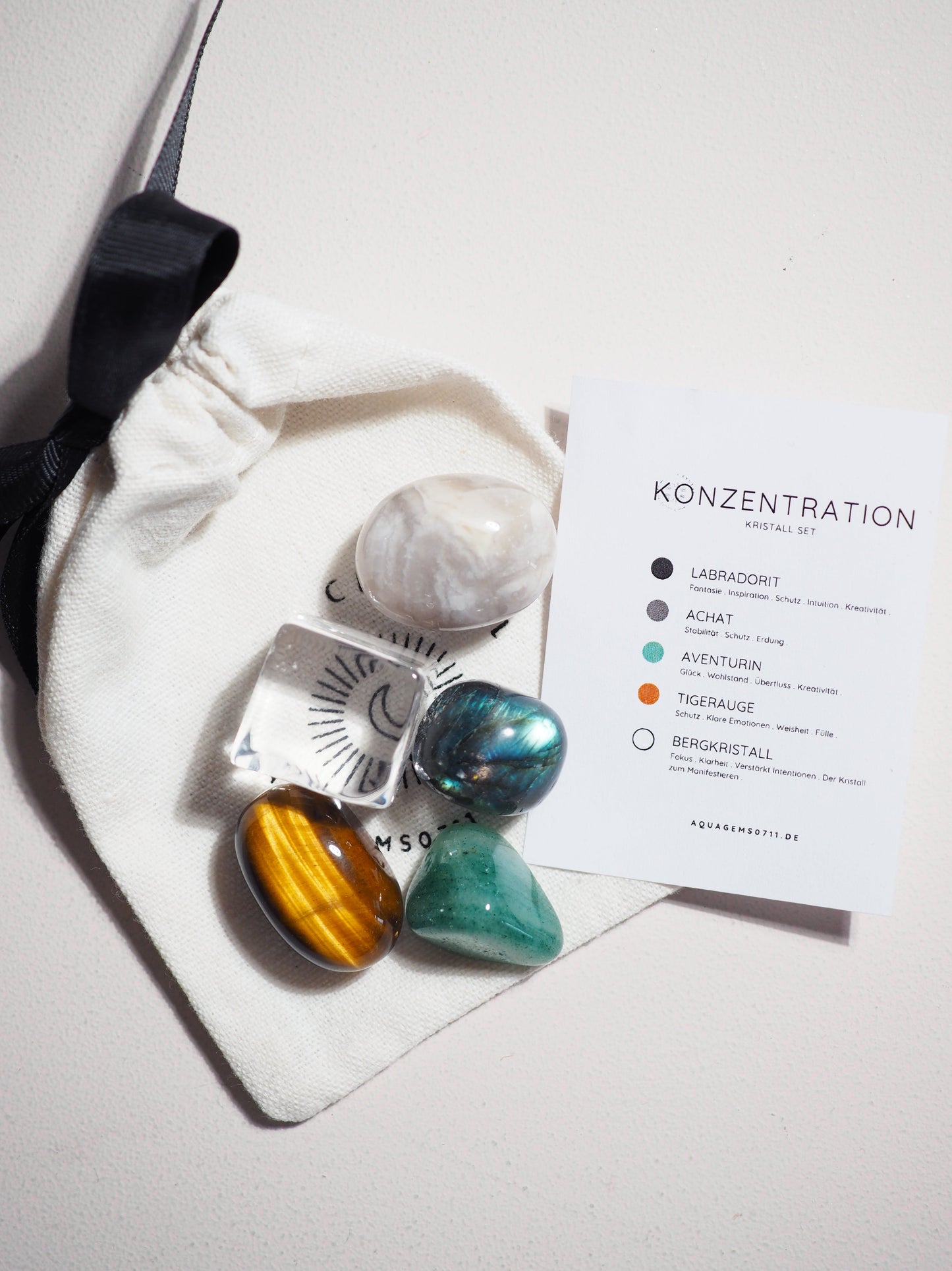 Kristall Set Konzentration . CRYSTAL KIT CONCENTRATION . Labradorit . Achat . Aventurin . Tigerauge . Bergkristall
