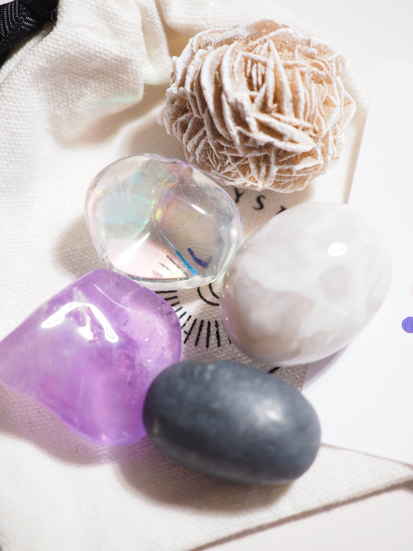 Kristall Set Harmonie . CRYSTAL KIT HARMOY . Schungit . Mexikanischer Achat . Sandrose . AngelAura Bergkristall . Amethyst