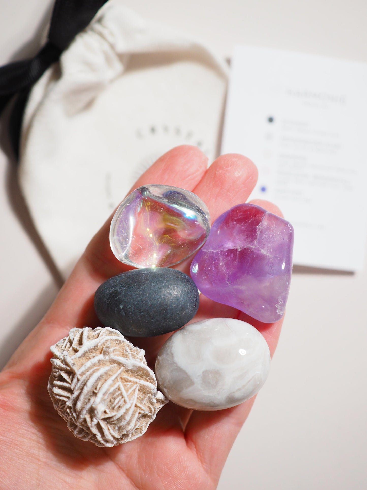 Kristall Set Harmonie . CRYSTAL KIT HARMOY . Schungit . Mexikanischer Achat . Sandrose . AngelAura Bergkristall . Amethyst