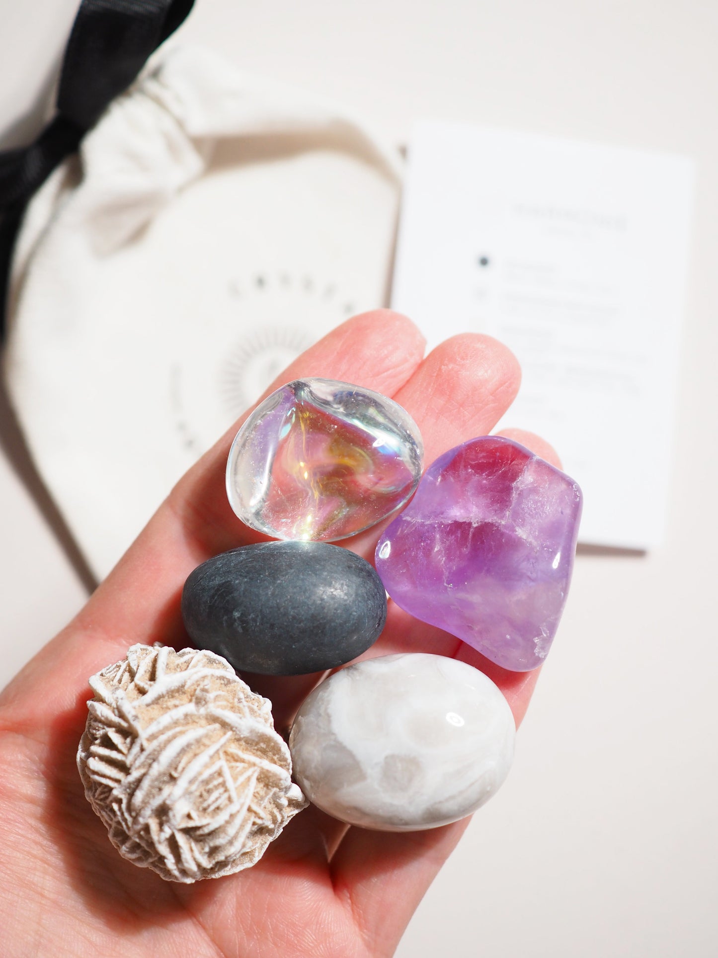 Kristall Set Harmonie . CRYSTAL KIT HARMOY . Schungit . Mexikanischer Achat . Sandrose . AngelAura Bergkristall . Amethyst