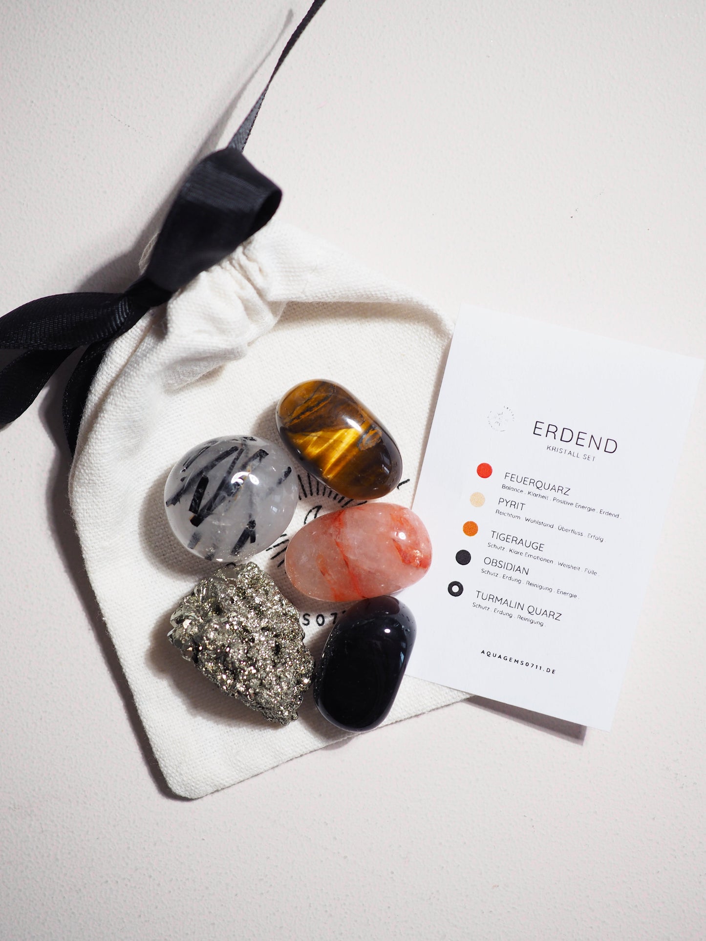 Kristall Set Erdend . CRYSTAL KIT GROUNDING . Feuerquarz . Pyrit . Tigerauge . Obsidian . Turmalin Quarz