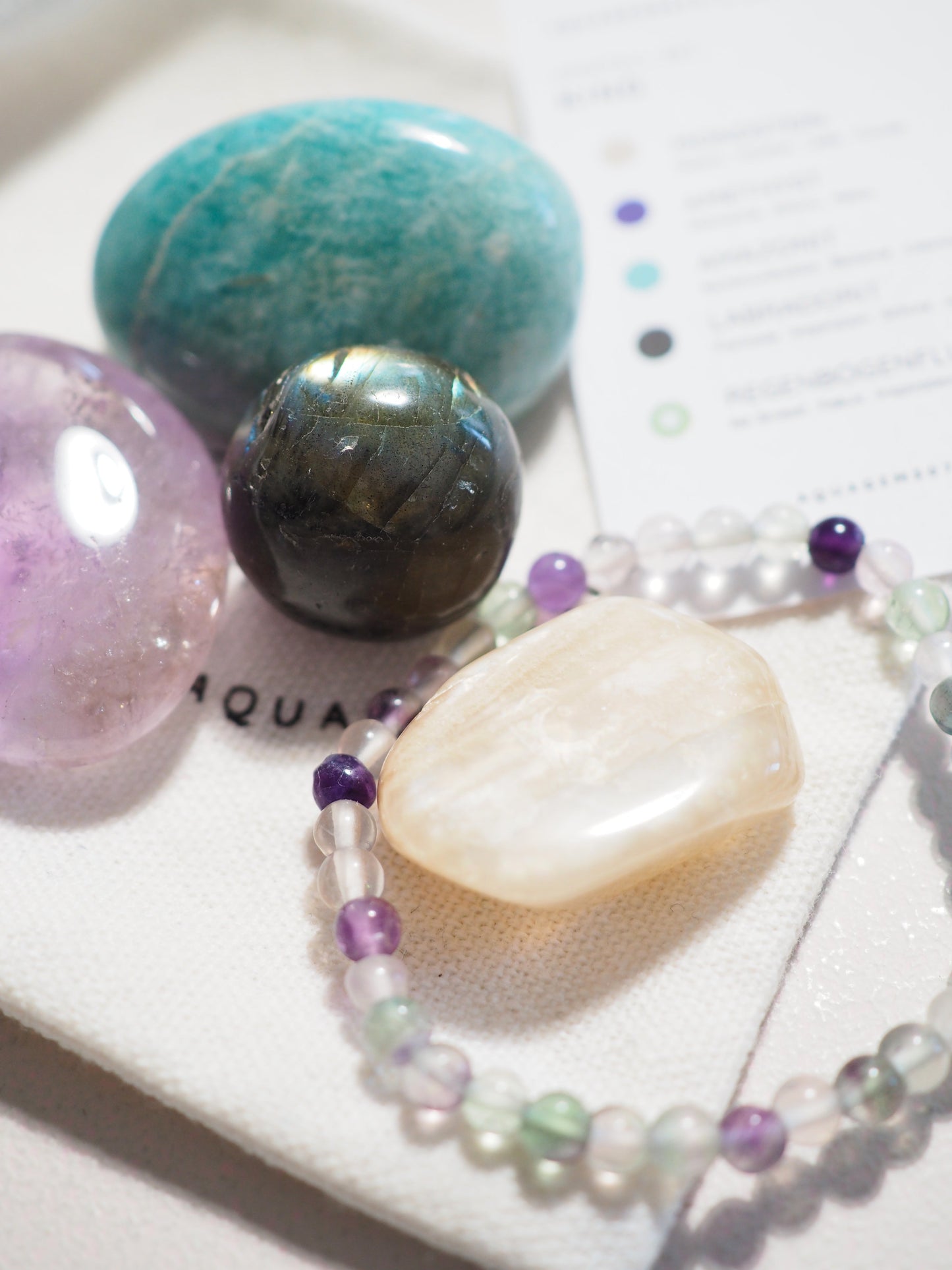 CRYSTAL KIDS Kristall Set Kind . CRYSTAL KIT KIDS . Mondstein . Amethyst . Amazonit . Labradorit Regenbogenfluorit Kugel Armband