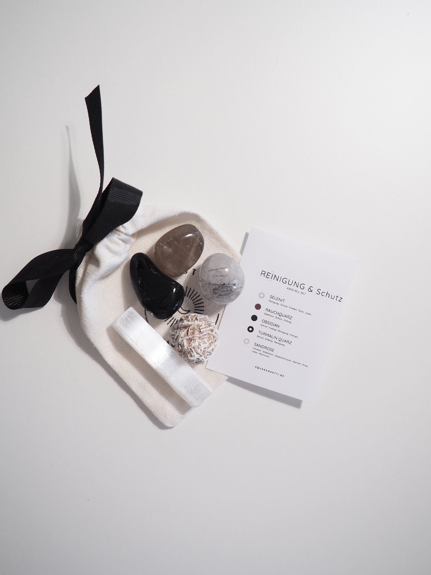Kristall Set Reinigung & Schutz . CRYSTAL KIT CLEANSE & PROTECT . Selenit . Rauchquarz Obsidian . Turmalin Quarz . Sandrose