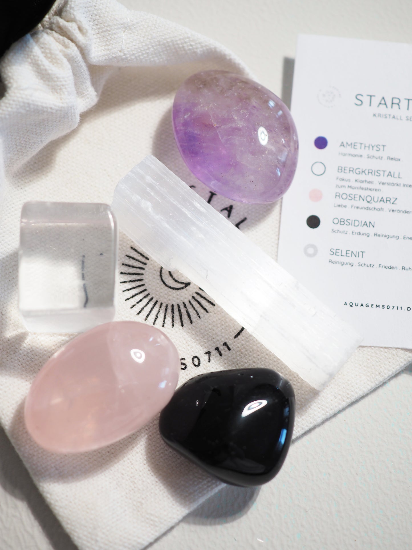Kristall Set Beginner . CRYSTAL KIT STARTER . Amethyst . Bergkristall . Rosenquarz . Obsidian . Selenit
