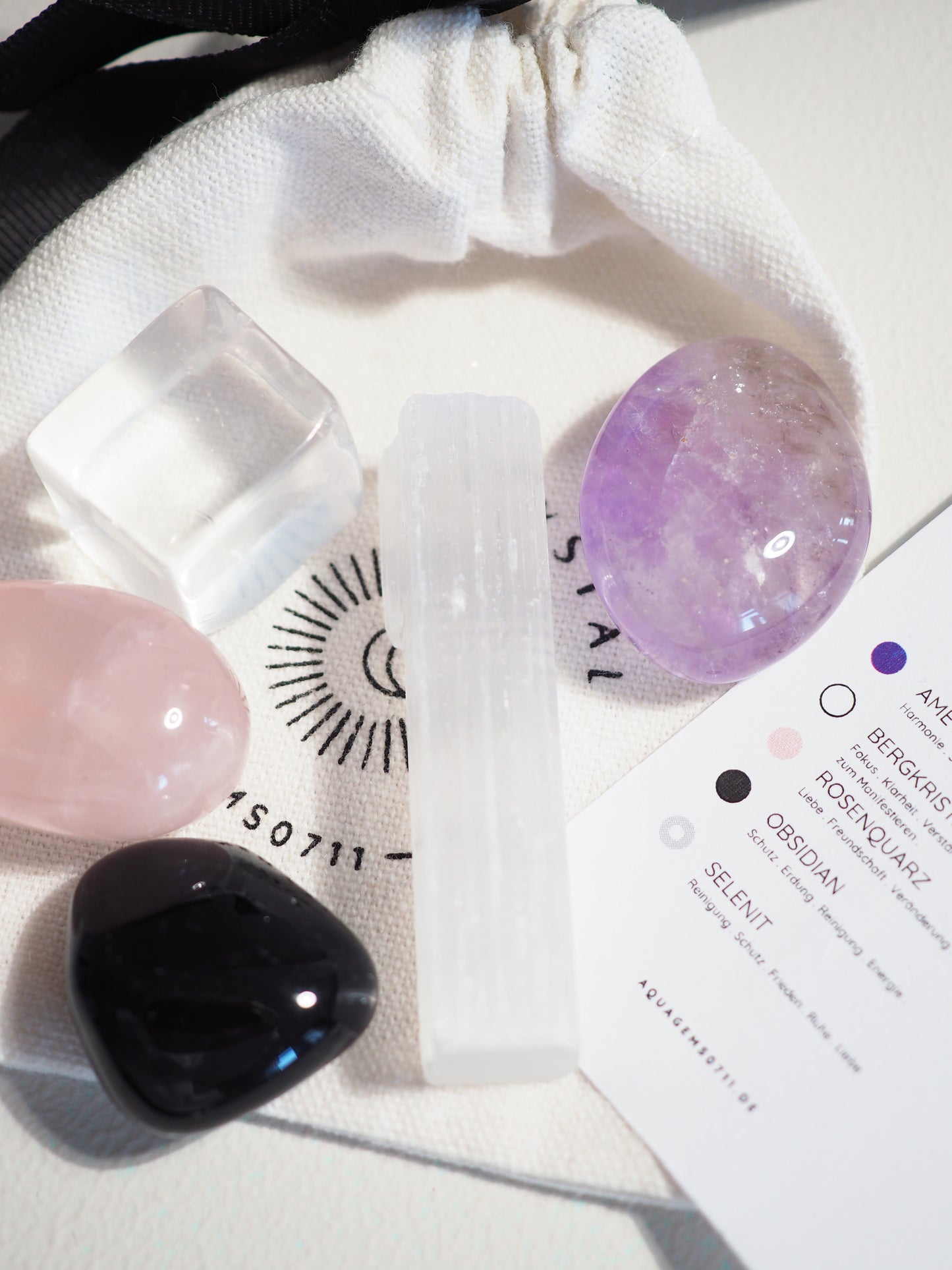 Kristall Set Beginner . CRYSTAL KIT STARTER . Amethyst . Bergkristall . Rosenquarz . Obsidian . Selenit