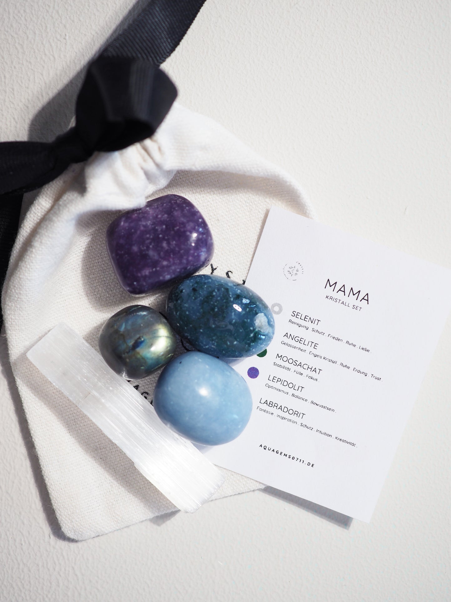 Kristall Set Mama . CRYSTAL KIT MOM . Selenit . Angelite . Moosachat . Lepidolite . Labradorit