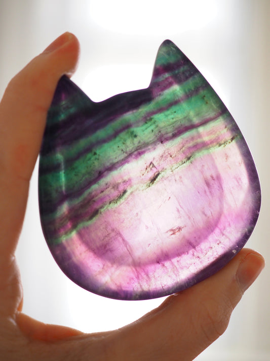 Regenbogen Fluorit Katze Edelstein. Kristall Schale Schmuckschale . Rainbow Fluorite Cat Bowl ca. 7 cm - aus China Handcarved HIGH QUALITY