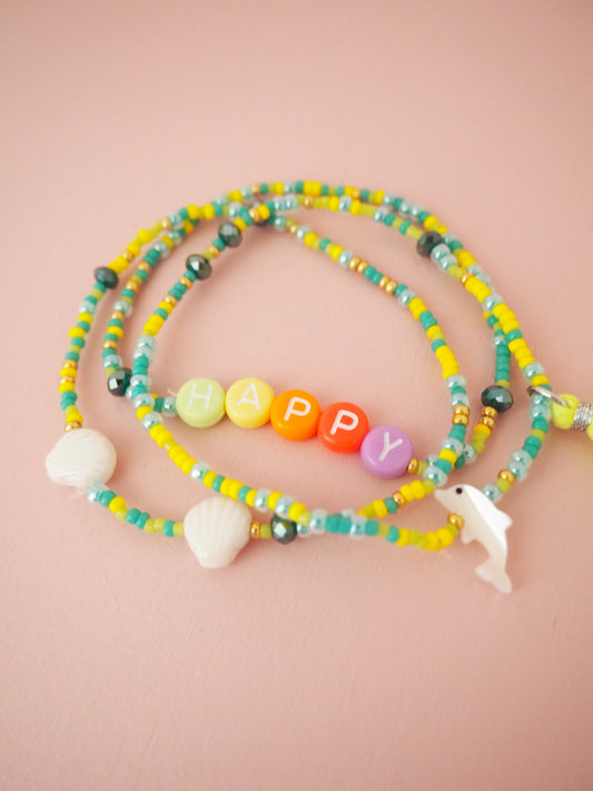 Armband Set im Ibizastyle. Quaste Herz Delfin und Muscheln Neon Gelb und Grün