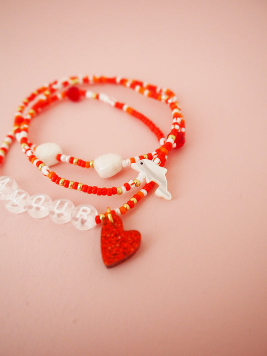 Armband Set rote Glasperlen, Delphin und Herz. Liebes Schmuck