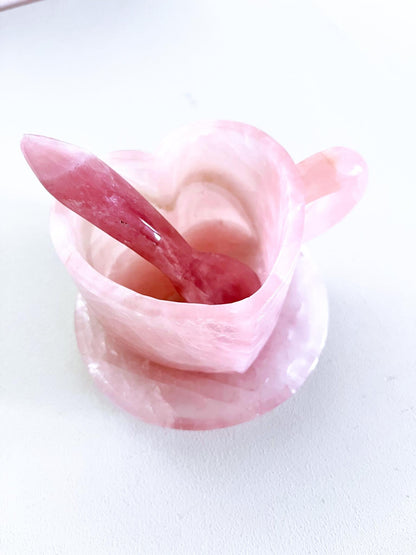Deko Rosenquarz Herz Tasse Kristall Becher mit Teller und Löffel SET. Rosequartz Heart Cup Mug ca. cm - Handcarved