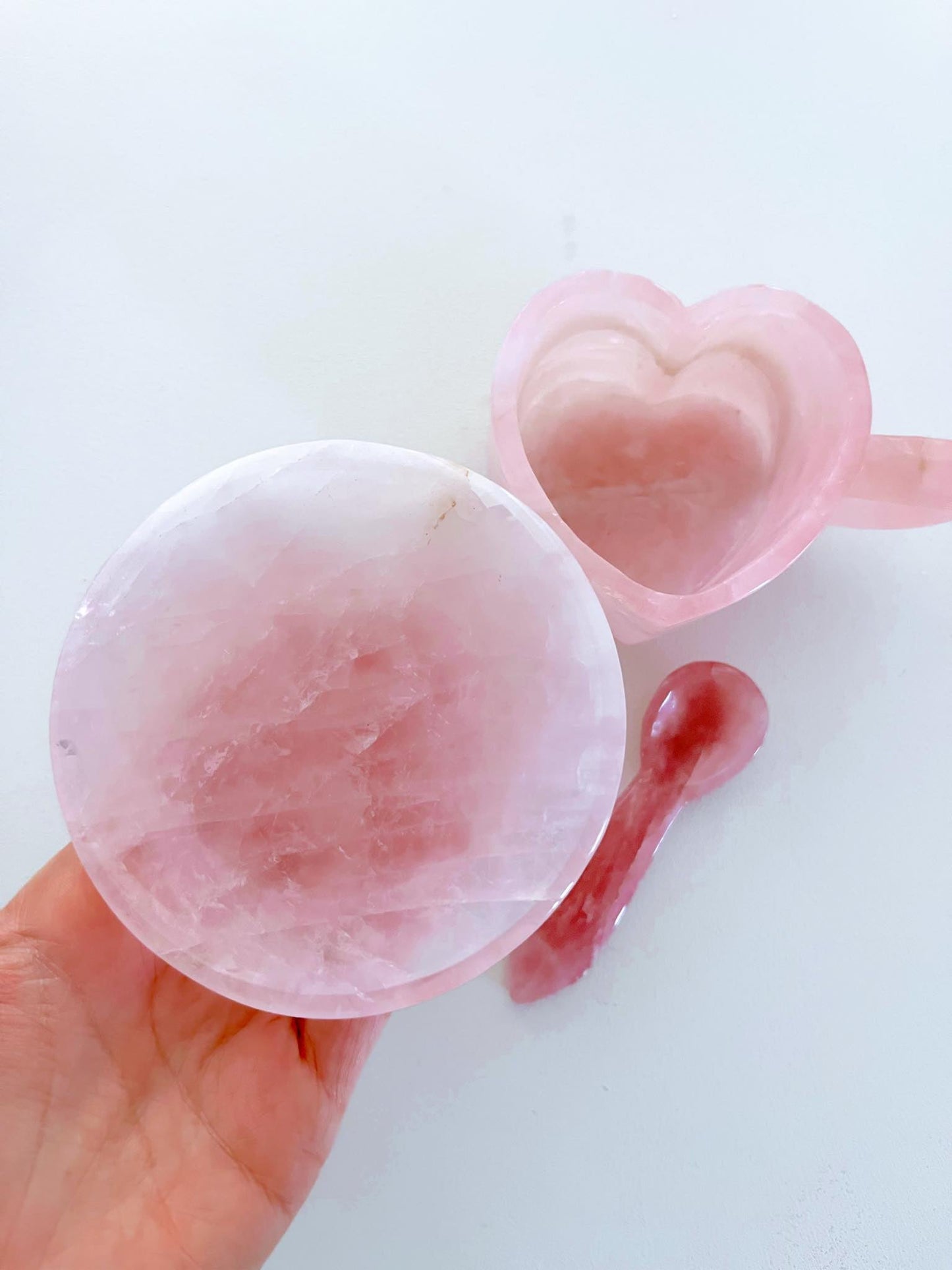 Deko Rosenquarz Herz Tasse Kristall Becher mit Teller und Löffel SET. Rosequartz Heart Cup Mug ca. cm - Handcarved