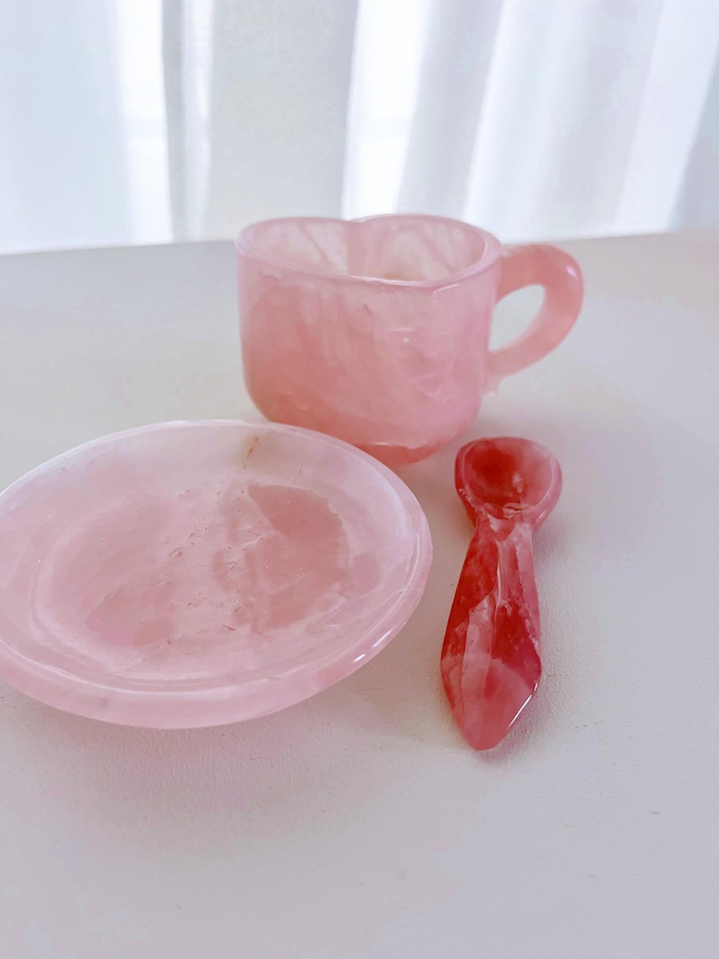Deko Rosenquarz Herz Tasse Kristall Becher mit Teller und Löffel SET. Rosequartz Heart Cup Mug ca. cm - Handcarved