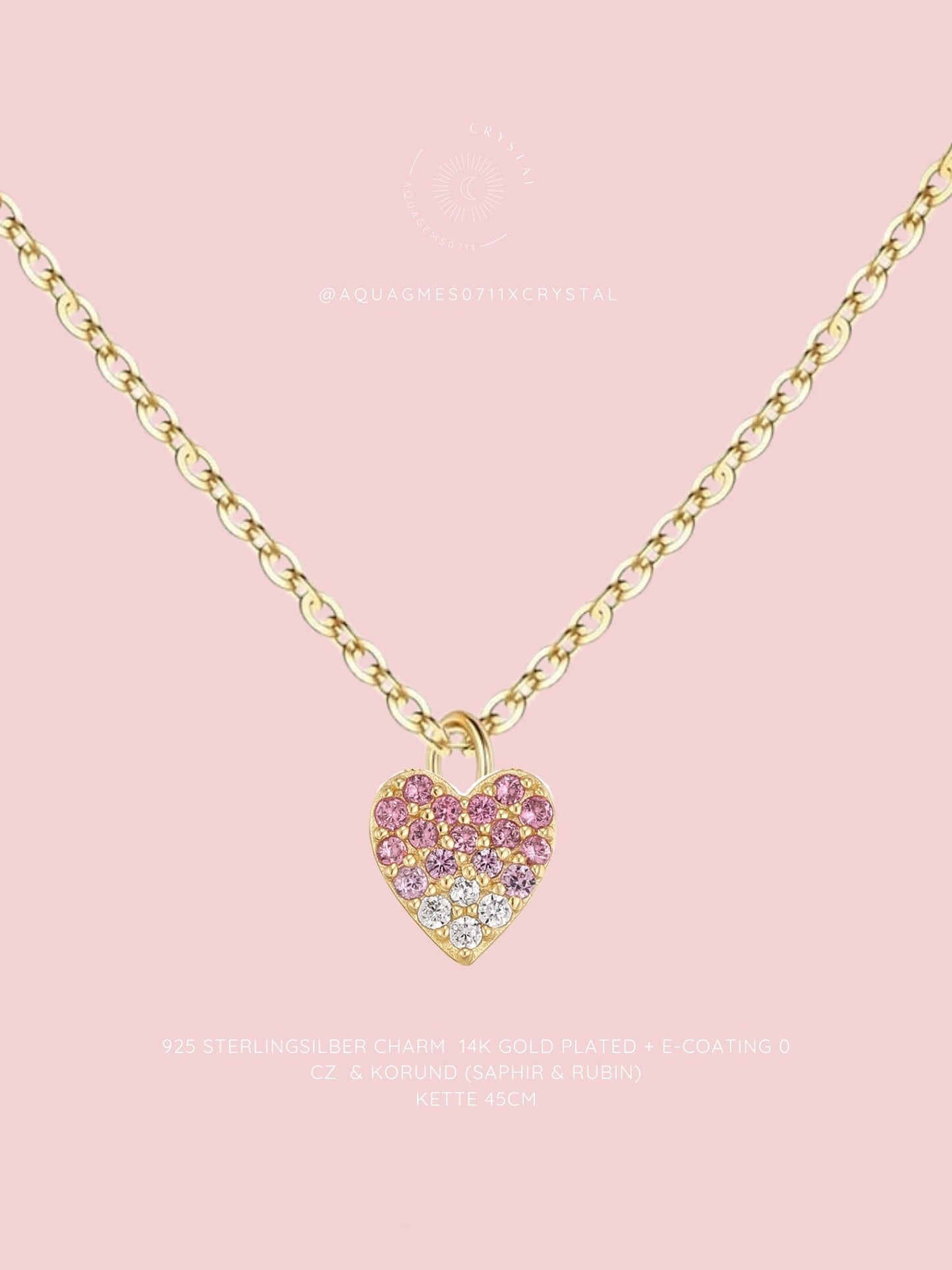 Herz Kette mit Saphir. Rubin & Cubic Zirkonia aus 925 Sterlingsilber vergoldet