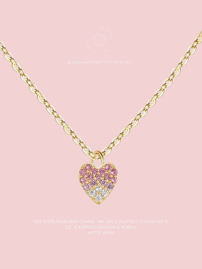 Herz Kette mit Saphir. Rubin & Cubic Zirkonia aus 925 Sterlingsilber vergoldet