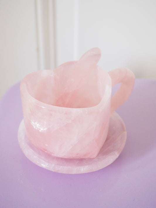 Deko Rosenquarz Herz Tasse Kristall Becher mit Teller und Löffel SET. Rosequartz Heart Cup Mug ca. cm - Handcarved