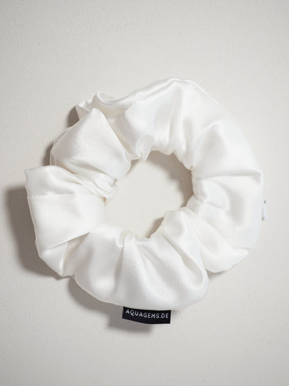 CRYSTAL SCRUNCHIE 100% Maulbeerseiden Haargummi mit Kristall Tasche - WEISS