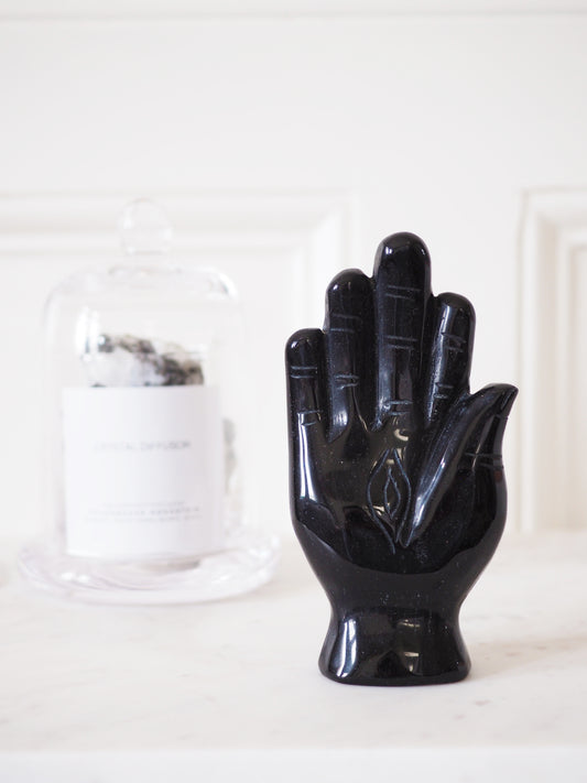 Schwarzer Obsidian Magische Hand mit Auge Hamsa . Black Obsidian Magic Hand with Eye ca. 12 cm - Hand Carved