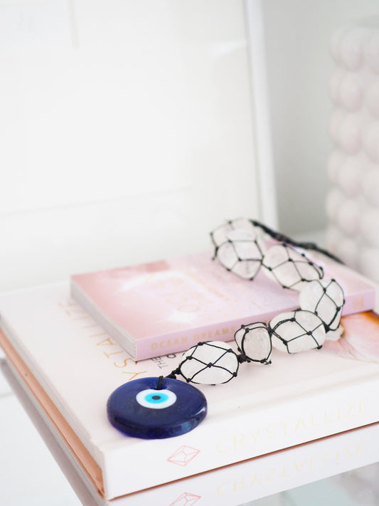 Evil Eye Berkgristall Talisman . Glückbringer . Wandbehang . Autanhänger ca. 34 cm - HANDMADE