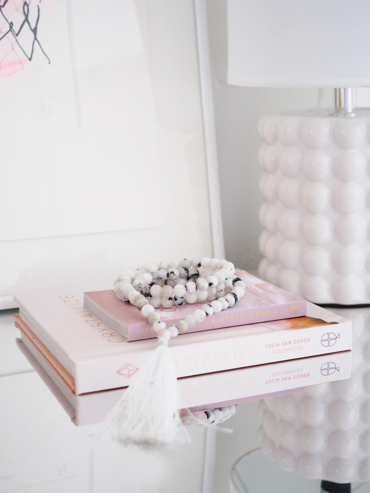 Regenbogen Mondstein X Schwarzer Turmalin Kette mit Tassel ca. 100cm - Indien