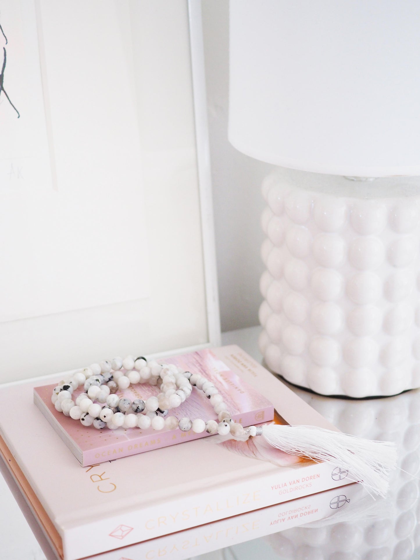 Regenbogen Mondstein X Schwarzer Turmalin Kette mit Tassel ca. 100cm - Indien