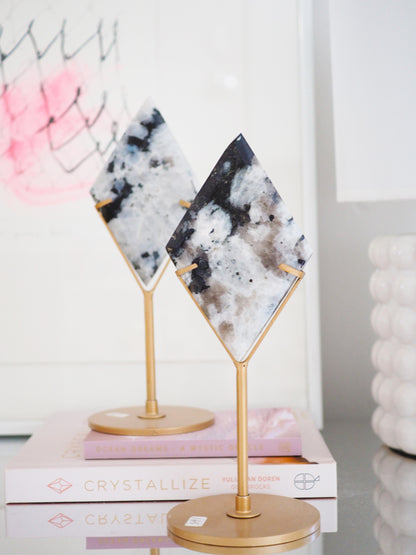 Regenbogen Mondstein X Turmalin  Diamant auf Halter ca. 20 cm - Indien