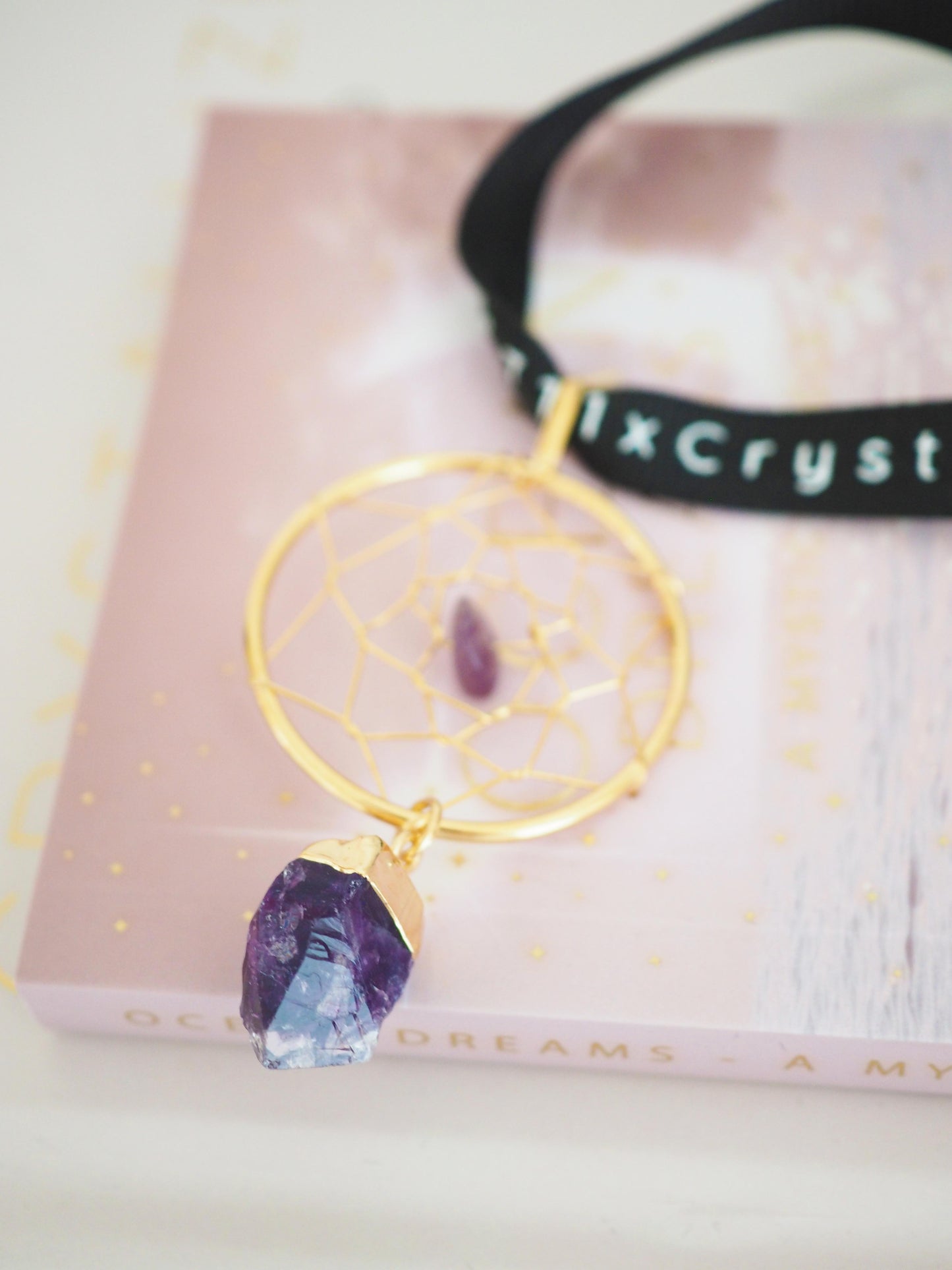 Amethyst Traumfänger Anhänger Bag Charm Gold ca. 23 cm - Brasilien HANDMADE