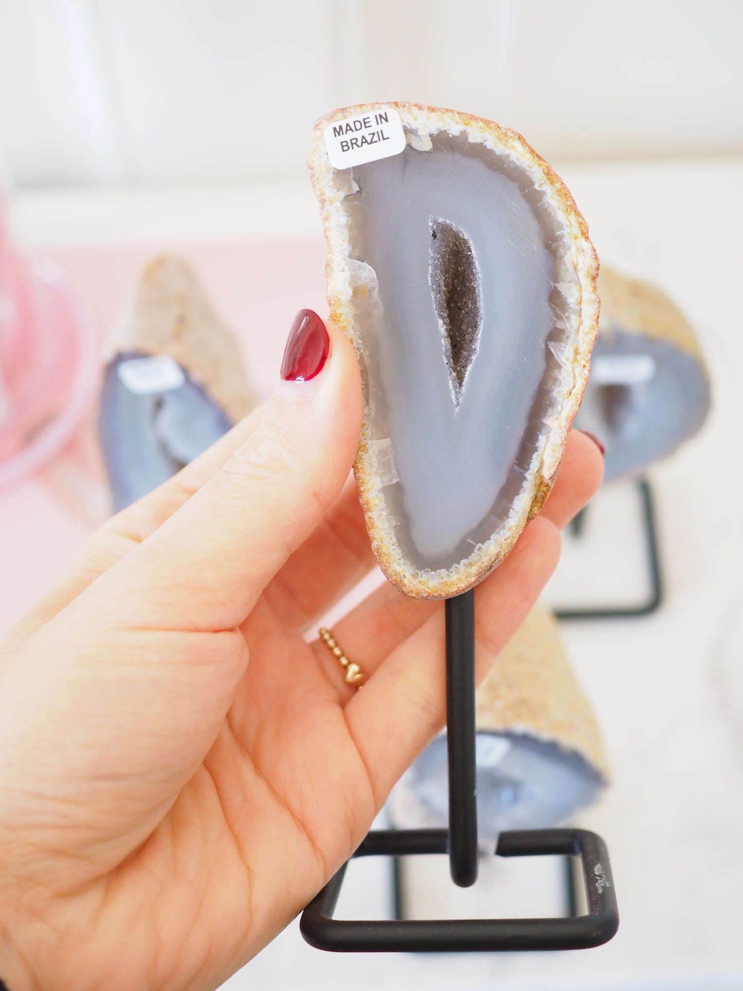 Achat Geode (Graublau) auf Ständer ca 10-14 cm - aus Brasilien Handpoliert