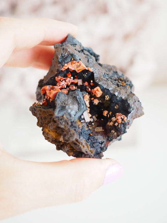 Vanadinit mit Psilomelane . Goethite- aus Mibladen Bergbau Bezirk . Midelt. Marokko