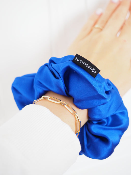 CRYSTAL SCRUNCHIE 100% Maulbeerseiden Haargummi mit Kristall Tasche & Schwarzem Turmalin  - ROYAL BLUE . Blau
