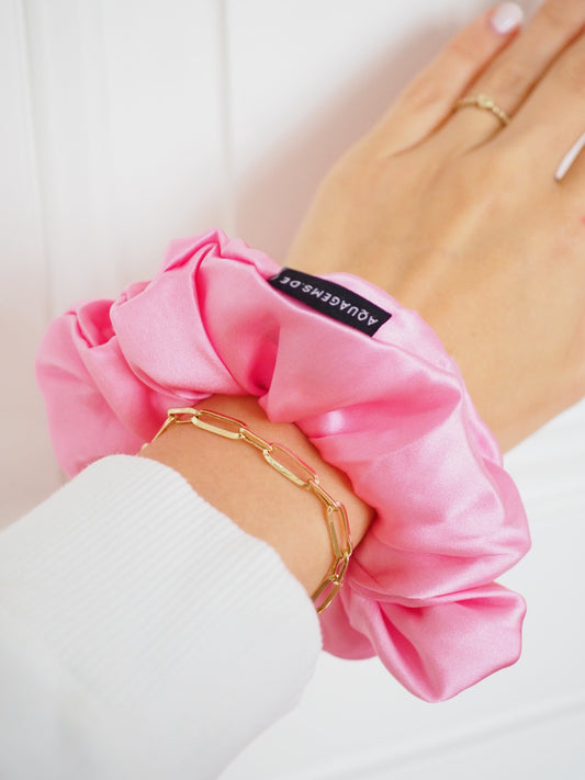 CRYSTAL SCRUNCHIE 100% Maulbeerseiden Haargummi mit Kristall Tasche & Schwarzem Turmalin  - GIRLY ROSA