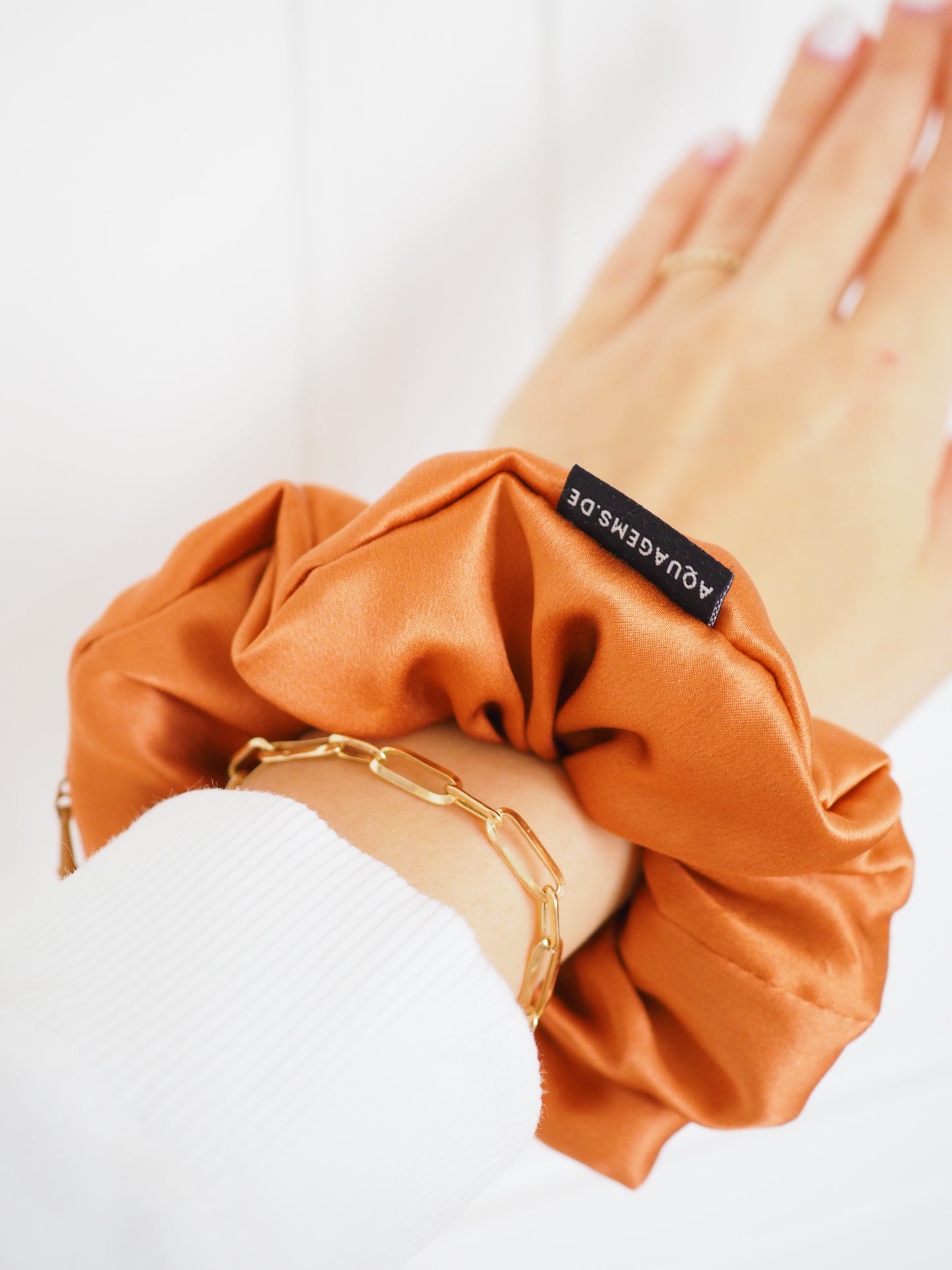 CRYSTAL SCRUNCHIE 100% Maulbeerseiden Haargummi mit Kristall Tasche -  COPPER . Kupfer