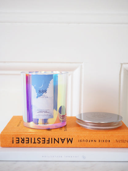 888 BALANCE AURA CRYSTAL CANDLE . Blauer Chalcedon & Regenbogen Mondstein