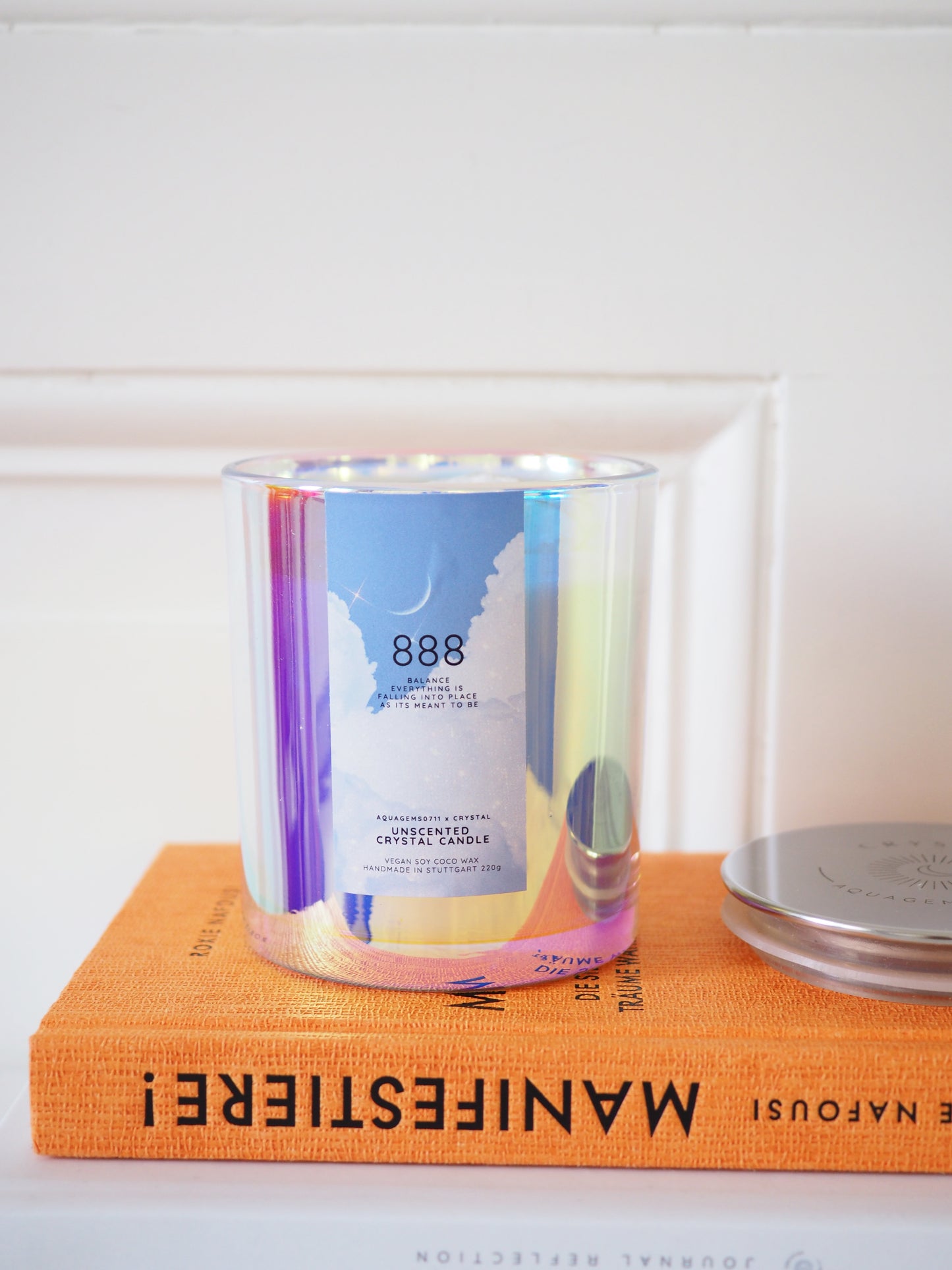 888 BALANCE AURA CRYSTAL CANDLE . Blauer Chalcedon & Regenbogen Mondstein