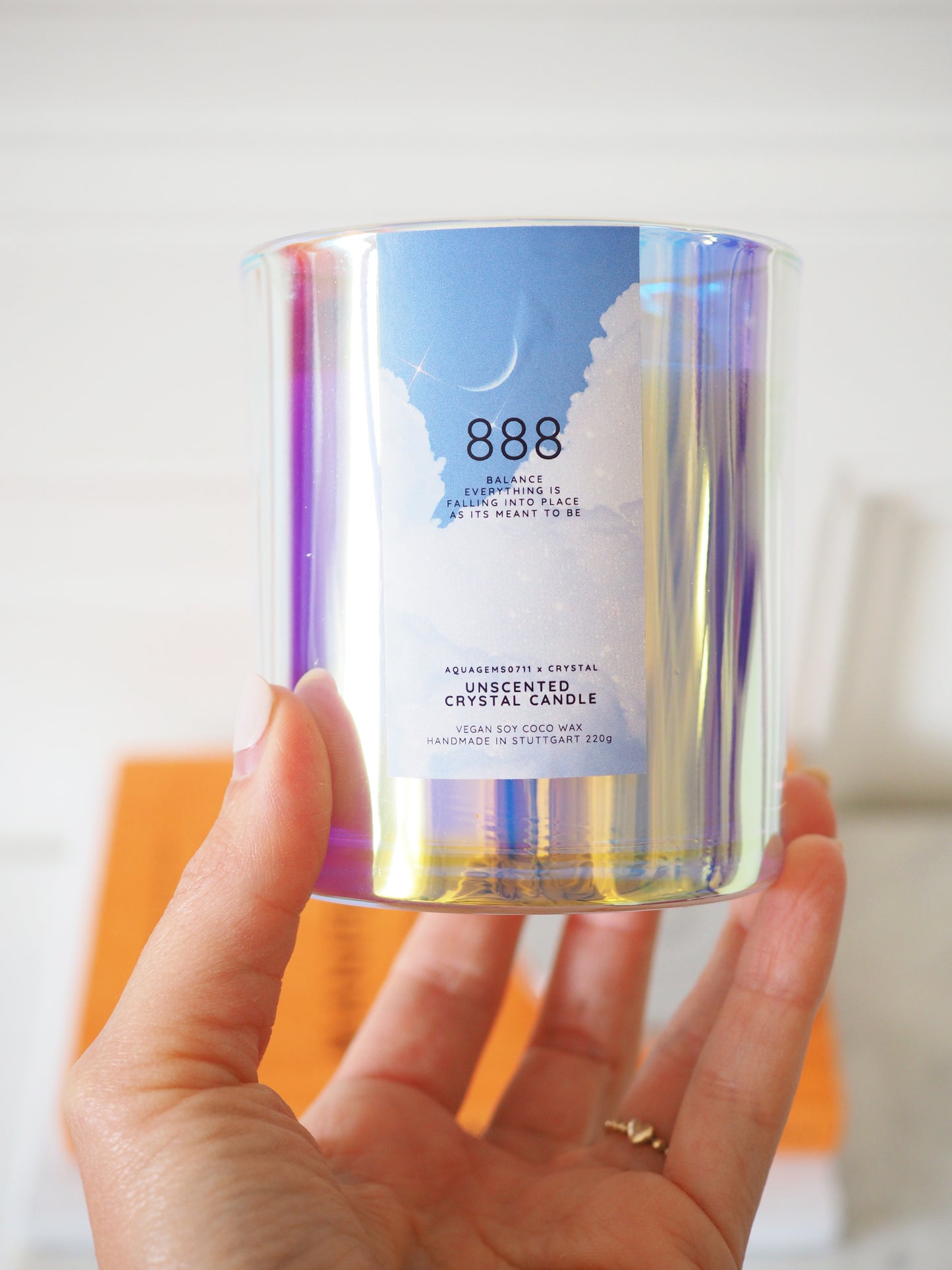 888 BALANCE AURA CRYSTAL CANDLE . Blauer Chalcedon & Regenbogen Mondstein
