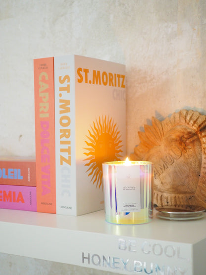 888 BALANCE AURA CRYSTAL CANDLE . Blauer Chalcedon & Regenbogen Mondstein