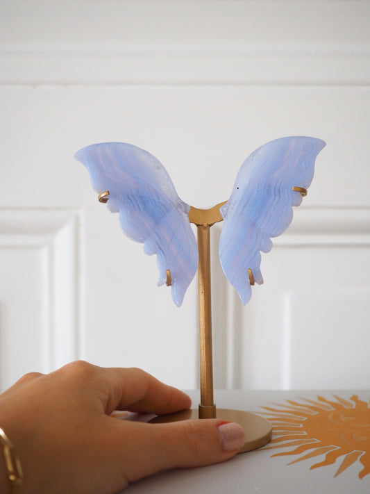 Bluer Spitzen Achat (Blue Lace Agate) Schmetterling Flügel auf Halter ca. 13-15cm-  aus Namibia